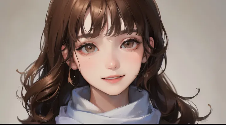 (((1 woman)))、(highest resolution、clear_image)、 (((Scarf)))、best quality、((Perm hair)),(((mischief)))、contrast of light and shadow、、Pale solid color background、((illumination))、very detailed、Semi-realistic、brown hair、、shy smile、bangs、20-year-old、office　Lad...