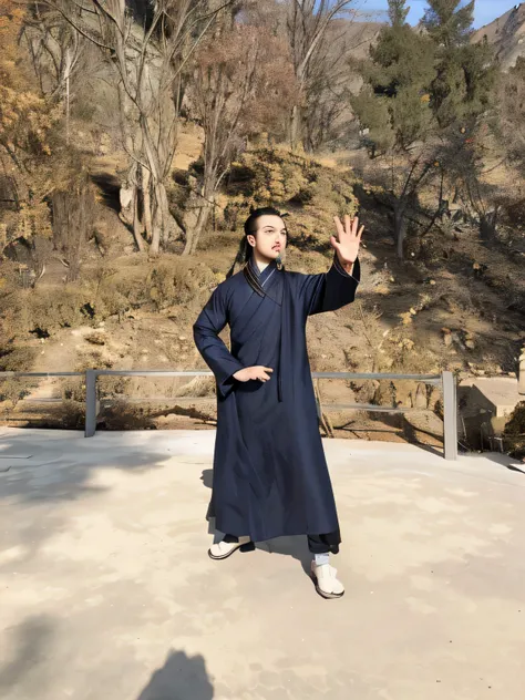 Arafad man wearing black robe stands in parking lot, Taoist robe, Inspired by Ma Quan, shamanistic dark blue clothes, inspired by Zhao Mengfu, Taoist priest, Taoist, Inspired by Shen Quan, Wearing flowing robes, inspired by Guan Daosheng, waving robe motio...