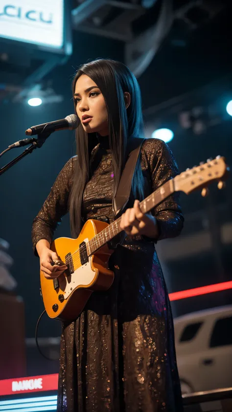 Young  malay women in baju kurung with long spiky colorful mohawk hair singing rock song and playing electric guitar in waste disposal site, night, serious face, nighttime, in school of rock movie style, hyper - realistic photography, dramatic effect, smok...