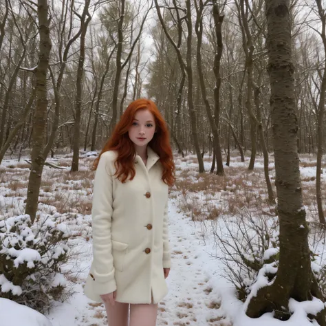 promenade dans la neige en forêt, photo du coprs complet d&#39;une jolie fille rousse de 20 ans, roux, (Avoir l’air timide:1.3), taches de rousseur, visage détaillé, peau détaillée, beau corps, grands yeux bleus ronds, eye-liner noir, lèvres sensuelles, pl...