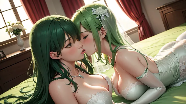 Sexy lesbian couple make, Passionate, sitting on the bed, making love, kiss首, Green Satin Long Gloves, Green Wedding Dresses, Green shorthair, lipstick, kiss, bride, green pearl necklace, 緑のbride, lesbian