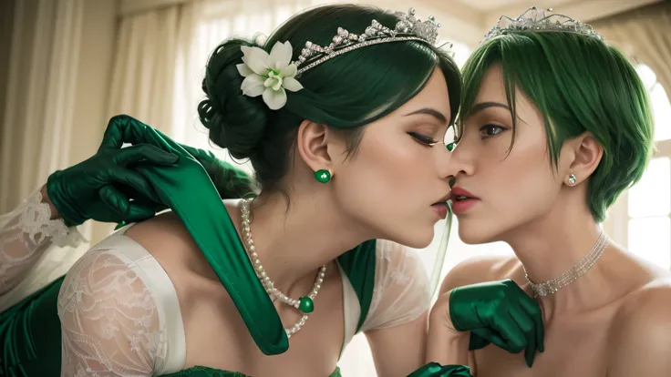 Sexy lesbian couple make, Passionate, making love, kiss, Green Satin Long Gloves, Green Wedding Dresses, Green shorthair, lipstick, kiss, bride, green pearl necklace, 緑のbride, lesbian, green one piece, emerald earrings, emerald tiara, Green Bridal Veil, gr...