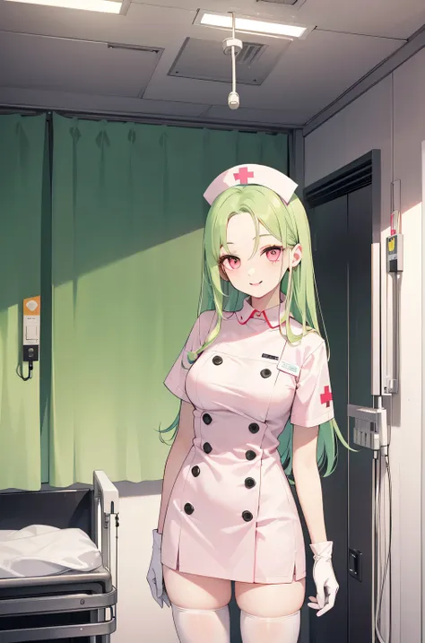 1 female, alone, nurse, nurse cap, whiteware, ((white legwear, zettai ryouiki)), white gloves, amount, long hair, green hair, pi...