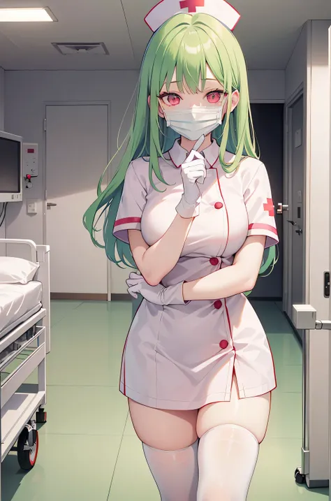 1 female, alone, nurse, nurse cap, whiteware, ((white legwear, zettai ryouiki)), white gloves, amount, long hair, green hair, pi...