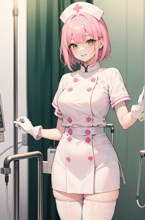 1 female, alone, nurse, nurse cap, whiteware, ((white legwear, zettai ryouiki)), white gloves, pink hair, green eyes, droopy eye...