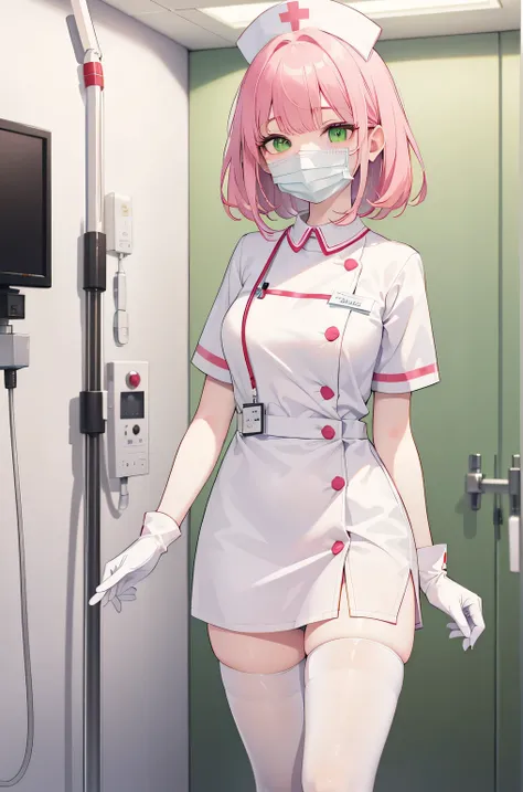 1 female, alone, nurse, nurse cap, whiteware, ((white legwear, zettai ryouiki)), white gloves, pink hair, green eyes, droopy eye...