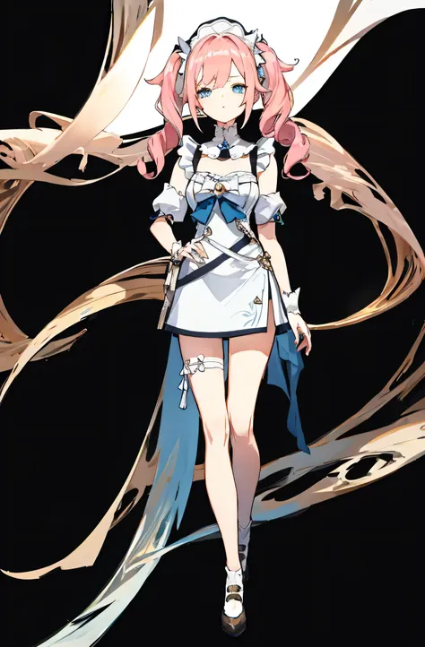 1 girl，rose，upper body，pink long hair,high twin tail,((white maid costume)),blue eyes,blunt bang,((whole body)),whole body,