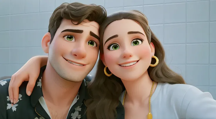 there is a man and woman posing for a picture together, They are in love, lovely couple, Retrato de duas pessoas, both smiling at the camera, imagem de perfil, they are close to each other, casal sorridente, DisneyPixar! MELHORAR QUALIDADE DOS OLHOS E SORR...