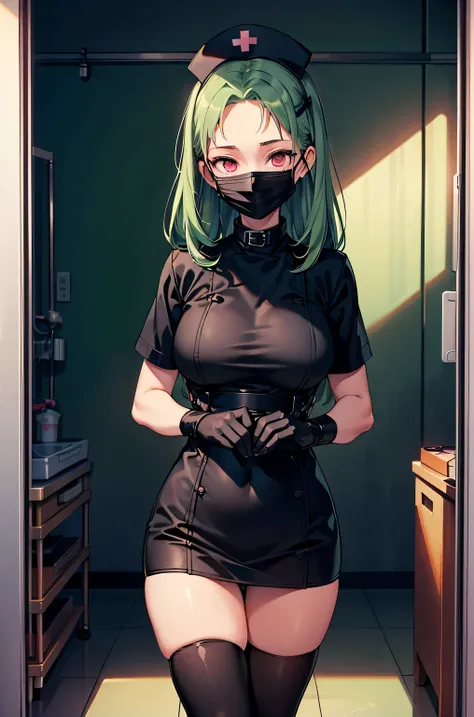 black nurse, 1 female, alone, black nurse cap, Black Wear, ((black legwear, zettai ryouiki)), black elbow gloves, amount, long hair, green hair, pink eyes, ((Black surgical mask, Covered nose)), Are standing, ((operating room)), sharp outline, short sleeve...