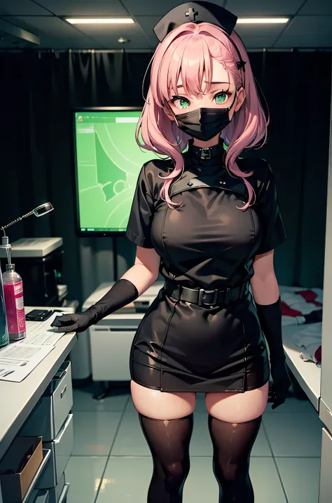 black nurse, 1 female, alone, black nurse cap, Black Wear, ((black legwear, zettai ryouiki)), black elbow gloves, pink hair, green eyes, droopy eyes, ((Black surgical mask, Covered nose)), Are standing, ((operating room)), sharp outline, short sleeve, matu...