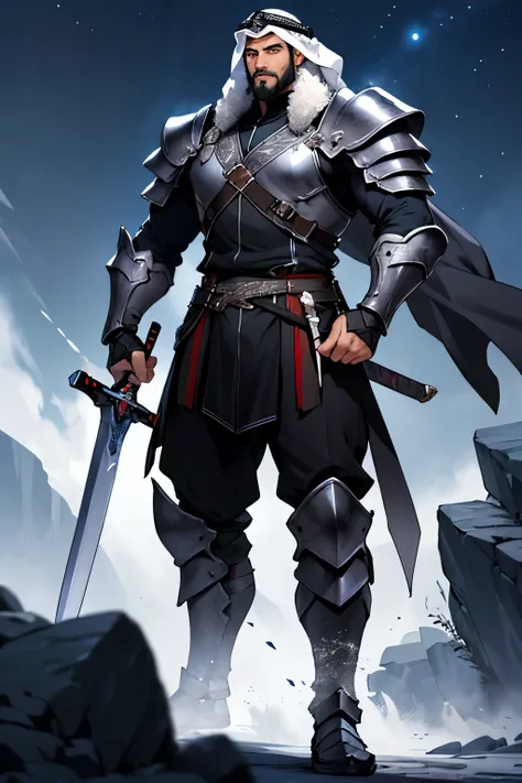 abdulaziz is a , night , with big tall sword , he is 190cm, with black armor , with a beard