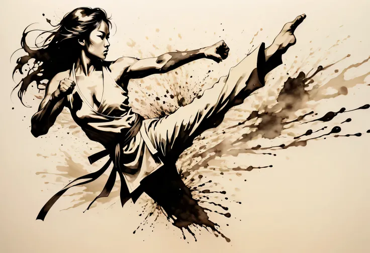 ((Violent_expression:1.2), ((Karate Kumite):1.5), ((2 Female):1.3) ((Female Karate):1.2), ((Hourglass_figure):1.1). ((Trading blows):1.3), | Outlined in black ink, the figure is depicted with smooth lines, expressing emotions and posture through the contra...