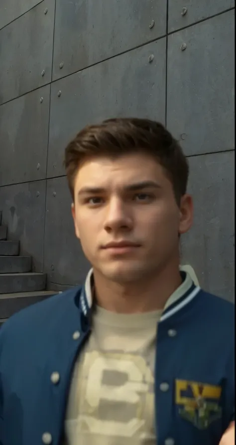 Real life adaption of this character , American boy face, cool expression,same hair, man body,(realistic same outfit wear sport jacket) ,realistic same background , realistic light, realistic shadow, realism, hyper realistic,(photorealistic:1.2), normal sm...