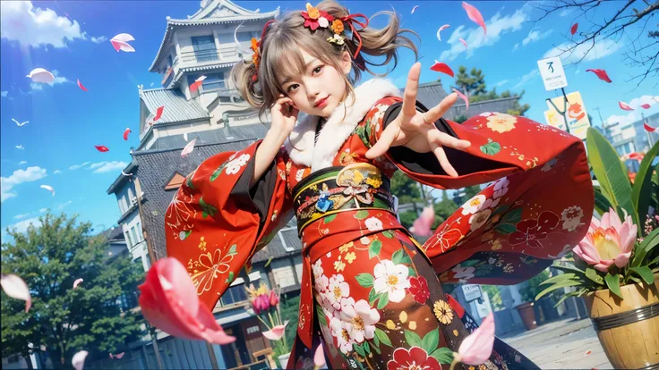 girl in kimono outfit with flowers in front of a building, wearing royal kimono, grey hair, drill hair, red eyes, normal eyes, normal hand, peace right hand