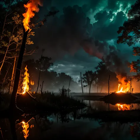 Gloomy swamp on the background, tropics, night, fire, witches sabbath