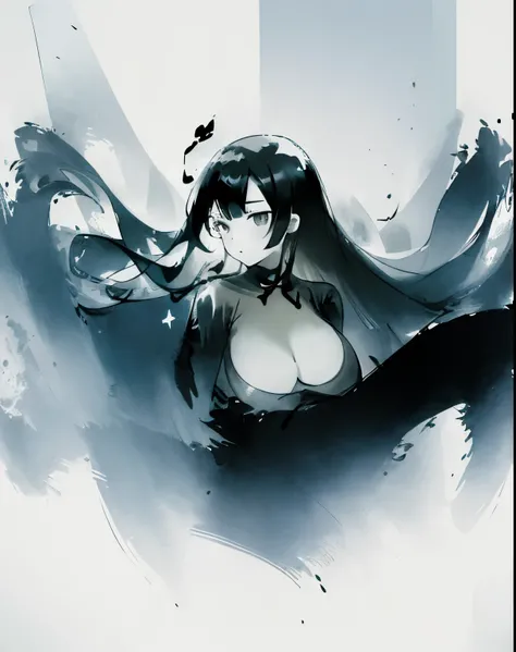 zydink, monochrome, ink sketch, 1women, asian (young women), (long hair), looking at viewer, long hair, floating hair, long sleeve dress, cleavage, giga_busty, (abstract ink splash:1.1), white background