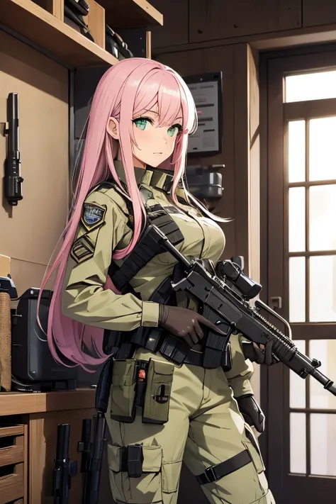 Beautiful woman with long pink watercolor hair ,green eyes,Put on tactical gear special operations unit,A gun is being repaired in the gun room.