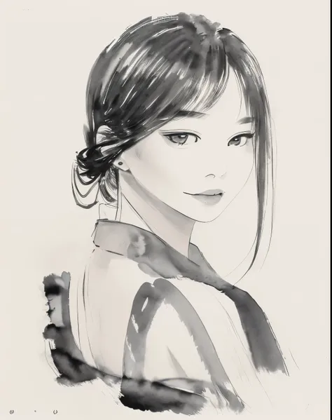 "best quality,4k,highres,masterpiece:1.2,(realistic,photo-realistic:1.37),(ultra-detailed),(sharp focus),ink sketch,monochrome,1women,asian (young women),(beautiful detailed eyes),(beautiful detailed lips),long hair,floating hair,looking at viewer,(long sl...