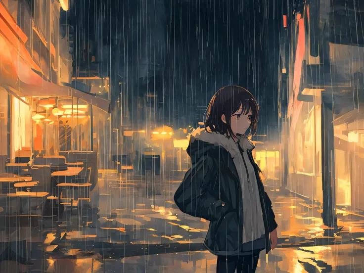 anime girl standing in the rain in a city at night