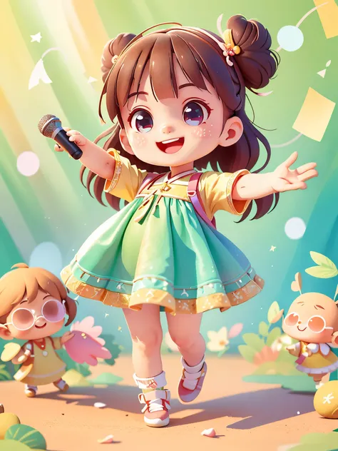 dream to be(singer)of cute girls, ((preschool))，装扮成singer，wear(((fashionable clothing))), holding a microphone，Wear sunglasses，Sing，stand on stage，Red carpet，in front of spotlight，smiling, (masterpiece: 1.2) (actual: 1.2) (Bokeh) (best quality) (delicate s...