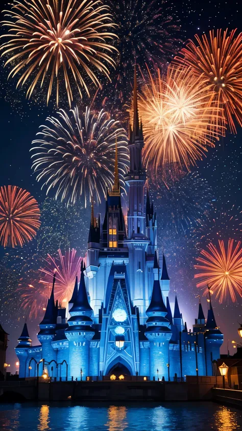 a breathtaking scene unfolds as the magnificent disney castle illuminates the night sky with a spectacular fireworks display. th...