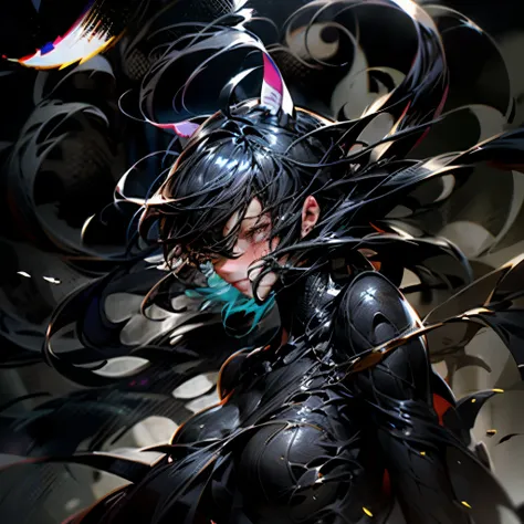 black hair, hair bobbles, wince, longeyelashes, solid circle eyes, fake animal ears, light smile, ear blush, fang, ahoge, hair strand, absurdly long hair, curtained hair, huge ahoge, Surrealism, drop shadow, anaglyph, stereogram, tachi-e, pov, atmospheric ...