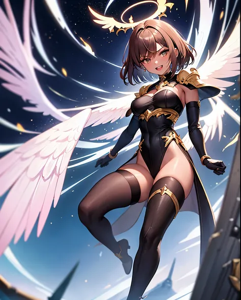 fantasy, 1angel_girl,, ,brown_hair, medium_bob_hair, long_bangs, halo,bare_shoulder,thighhighs,silver_armor, waist_armor, large_breasts,angry,grinning,open_mouth_teeth, 1pair_wings, dynamic_pose_fighting,floating, bare_crotch, headgear,gauntlet, greaves,ci...