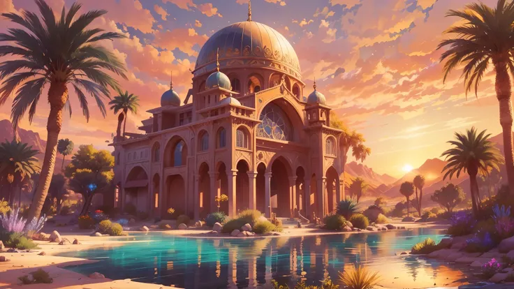 Create a detailed anime sketch of an oasis in the midst of a vast desert, where sparkling water reflects the vibrant colors of a magical sunset. Use a low-angle perspective to showcase the ornate architecture of the oasis, surrounded by palm trees and myst...