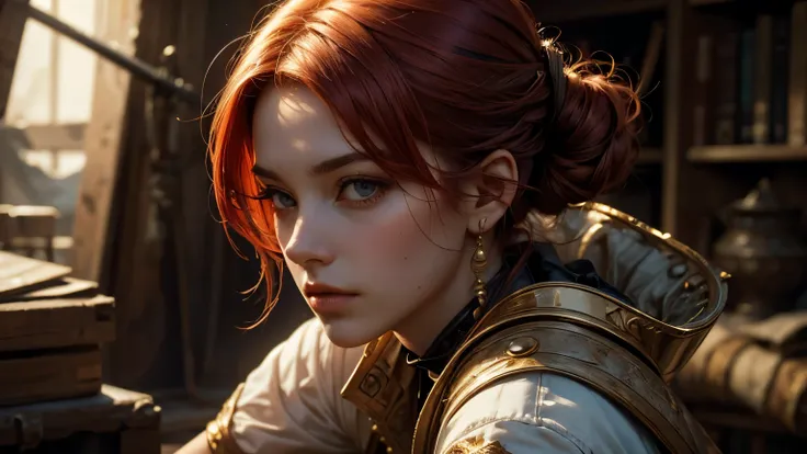 (offcial art, masterpiece, best quality, photorealistic, very detailed, best shade), 1 girl, alone, red hair, Golden Age of Piracy, sword, dynamic angle, beatiful clothes, detailed face


