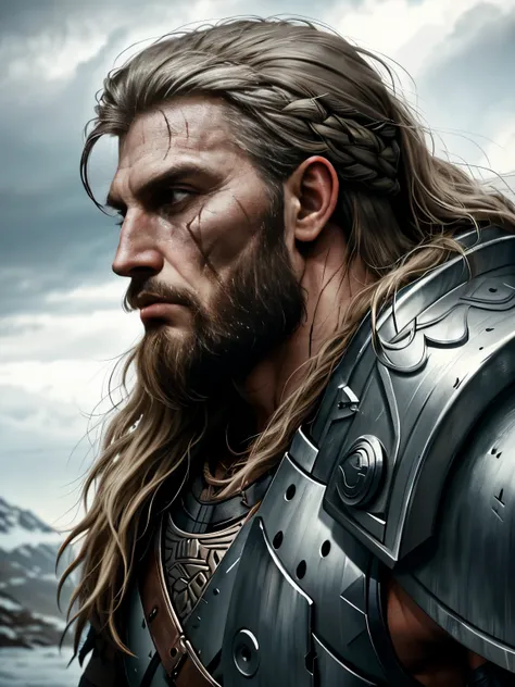 photograph  of a viking warrior with old battle scar in his face, broad shoulders, armor, heroic, beard, pronounced cheekbones, cloudy, masterpiece, best quality, high quality, 4K, trending, hard ring light, 50mm