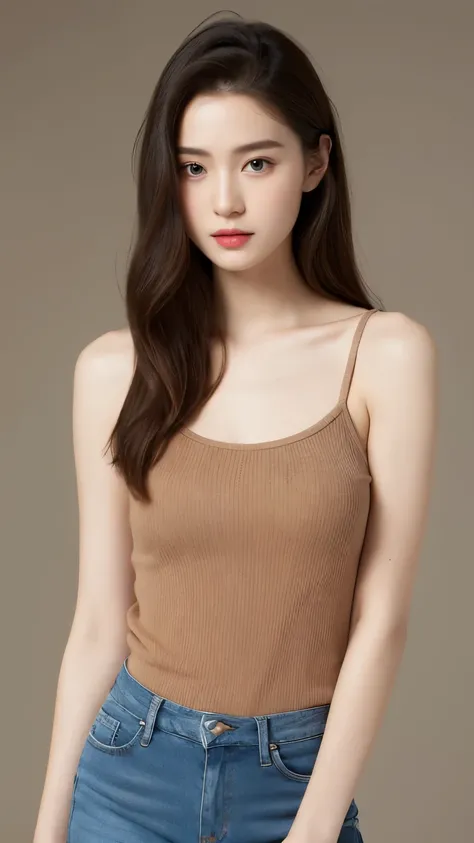 （lifelike， high resolution：1.3）， 1 girl with perfect figure， The face shape and eyes are super delicate，long hair， random color tank top：1.2， short jeans， Big Bubu，Baogou