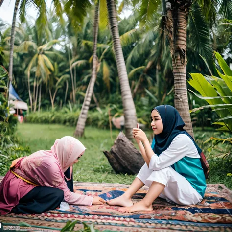 buatkan FOTO keluarga, wajah Indonesia, suami rambut pendek Dan rapi, istri berhijab, anak perempuan berhijab, anak laki-laki, memakai pakaian casual, duduk di pasir pantai, didepan tenda, latar belakang laut luas