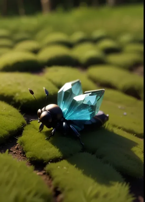 in the forest，On the grass，a little bug，Its body is made of crystal，mini。