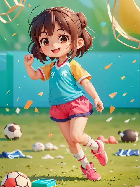 dream to be(soccer player)of cute girls, ((preschool))，装扮soccer player，wear(((sportswear))), shorts，soccer cleats，colorful football，On the football field，in front of spotlight，smiling, (masterpiece: 1.2) (actual: 1.2) (Bokeh) (best quality) (delicate skin:...