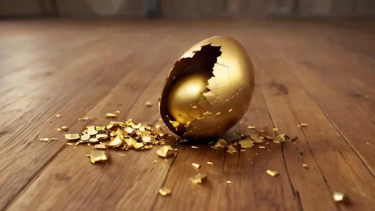 Shards of an empty gilded egg, lying on a wooden floor, it is completely destroyed, next to the straight leg of an oak table in a poor peasant house, in the background are the legs of a peasant, wooden chair (blurred), Super Detail, a high resolution, Real...