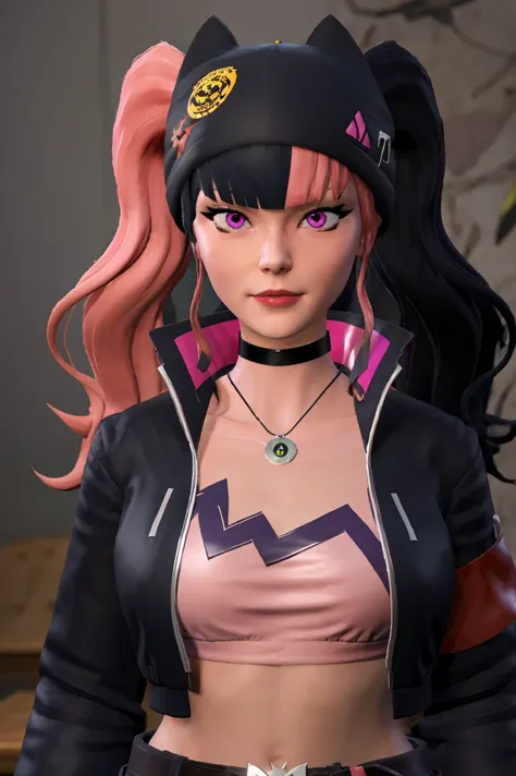 masterpiece, best quality,ZOE,1girl,jacket,multicolored hair,twintails,solo,black hair,black belt,black jacket,pink eyes,belt,hat,pink hair,choker,black choker,looking at viewer,crop top,jewelry,breasts,necklace,bangs,long hair,black headwear