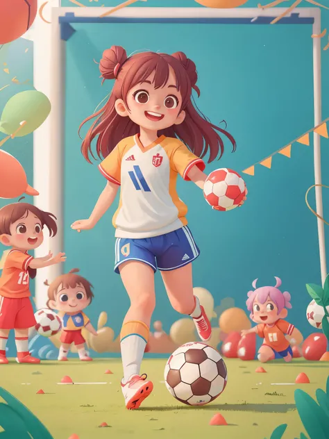 dream to be(soccer player)of cute girls, ((preschool))，装扮soccer player，wear(((sportswear))), shorts，soccer cleats，colorful football，On the football field，in front of spotlight，smiling, (masterpiece: 1.2) (actual: 1.2) (Bokeh) (best quality) (delicate skin:...