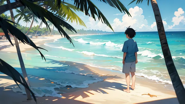 Draw a horizontal composition with a central composition of a boy standing on the beach.，back view，waves很大，The breeze ruffled his hair，others are playing，He seems out of place：waves、Coconut Tree、Sunlight、beach、beach umbrella