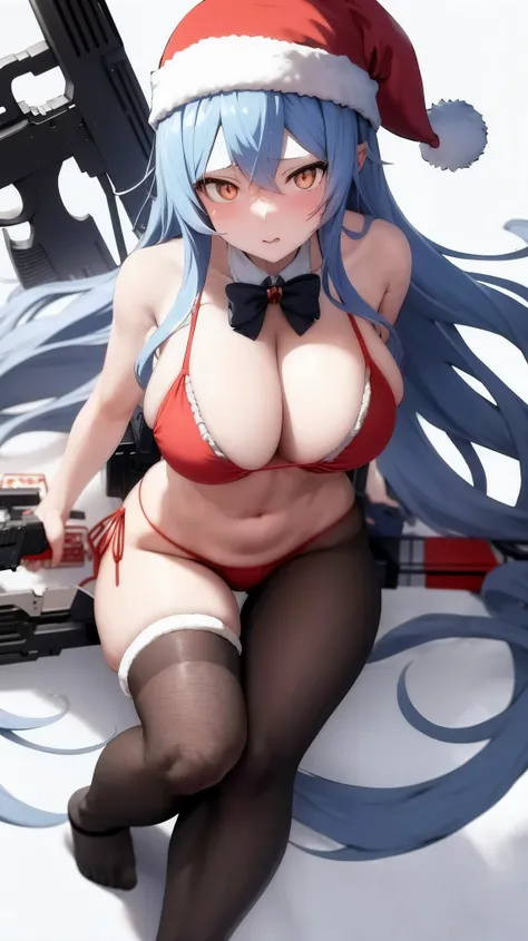 Anime girl in bikini and Santa hat with a gun., oppai, proporciones de oppai, oppai ciberpunk,ecchi, estilo manga en blanco y negro, con pechos grandes, estilo manga detallado,arte manga