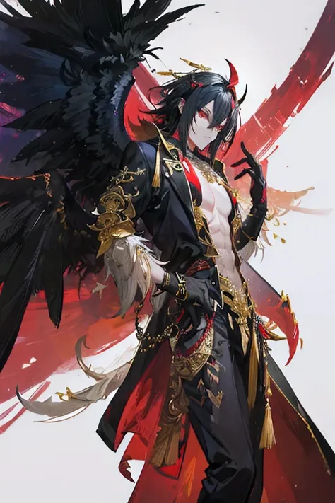 absurd resolution, high resolution, (masterpiece: 1.4), hyper-detail, black haired male half tengu with 6 large wings , sole mal...