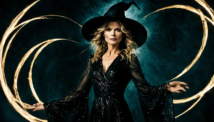 Uma jovem garota de corpo inteiro (Michelle Pfeiffer), casting a spell, serious, Vestido Preto longo, marca na testa, Joias, hat, magical circles, fundo abstrato, Redemoinhos de luz, lightning magic, dynamic pose