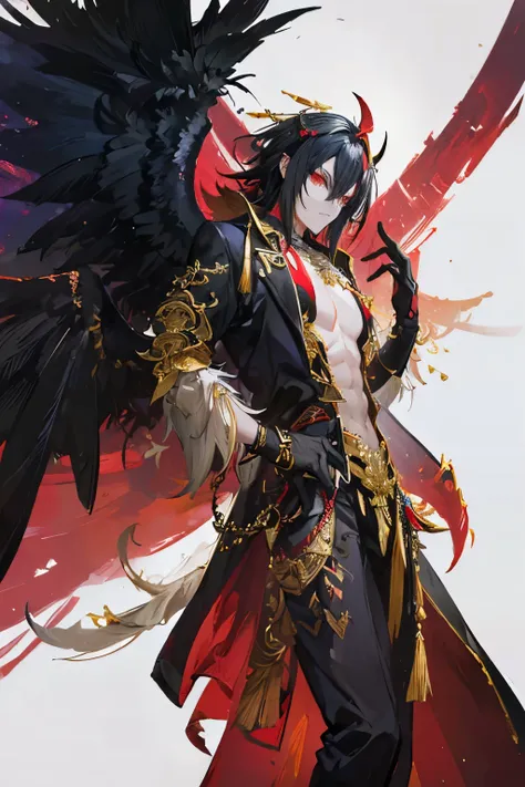 absurd resolution, high resolution, (masterpiece: 1.4), hyper-detail, black haired male half tengu with 6 large wings , sole mal...