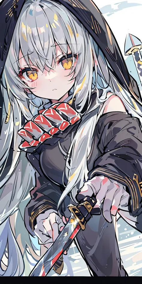 long hair、cute、white stockings、Heart-shaped pupils、solo、gray hair、winter、snow、outdoor、(((golden eyes)))、Ahoge、(((Black hoodie)))、head covering、With weapons、(((((battle)))))、 cold look、 Filmography、 ((((((knife))))))、 village、((((Show the whole body))))、
