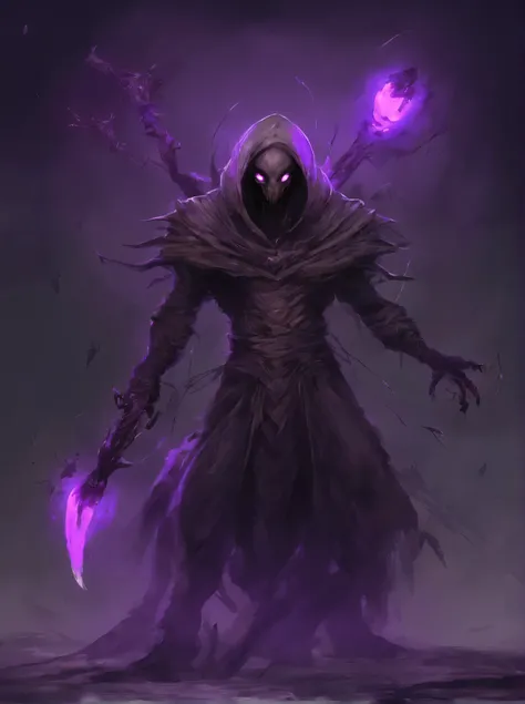 alien monster with purple glowing head, no face, (faceless) face replaced by purple light orb, having blades on its hands, (Blades on arms), assasin dress, using 2 blade swords, flying creature, hooded head, mob, scarry creature, 4k, detailed painting, pai...