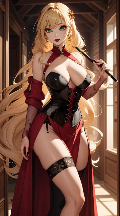 Gender: Female Height: 1,88 cm Physical Description: Yuna is a beautiful woman with long, medium-curly blonde hair, a frame, and sultry green eyes. She is always making sure her makeup is spot on, with bright red lipstick and long, false lashes that make h...