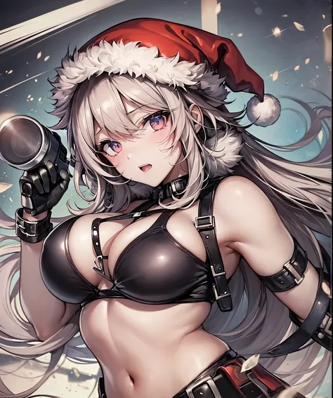 Anime girl in bikini and Santa hat with a gun., oppai, proporciones de oppai, oppai ciberpunk,ecchi, estilo manga en blanco y negro, con pechos grandes, estilo manga detallado,arte manga