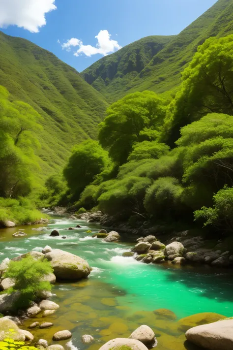 Amidst the backdrop of a verdant green mountain range, a small, meandering river flows gracefully, its crystal-clear waters shimmering under the gentle sunlight. Delicate, vibrant small flowers bloom alongside the riverbanks, adding splashes of color to th...