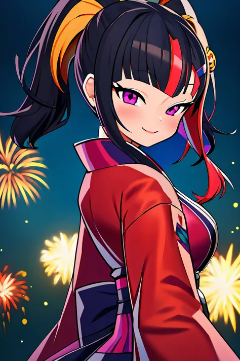 zoe, high resolution, (masterpiece: 1.4), super detailed, (1 female: 1.3), (alone: 1.4), fireworks, short bob, short bob, kimono...