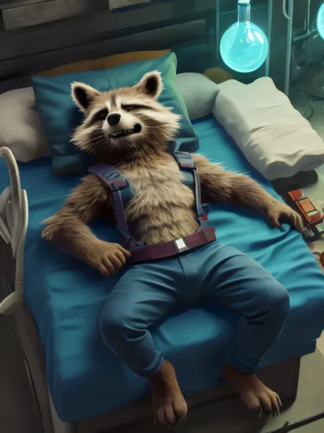 sleepy rocket racoon, lying on a bed in a laboratory with his legs spread, sedated with sedation from a drip, closed eyes, a dis...