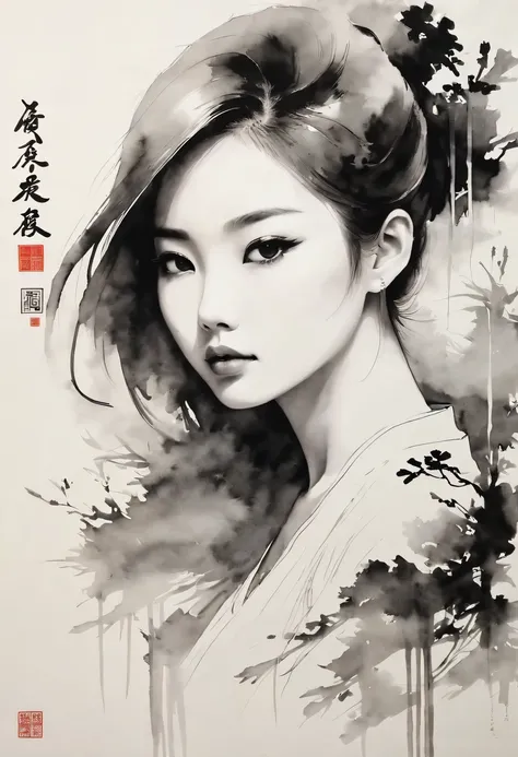 girl,black and white painting,Outline with black ink,smooth lines,通过墨迹的浓淡对比展现girl的表情和姿态,The background is simple,emphasize light, shadow and space,lots of white space,Use thick and light inks to create light and dark changes and layers,Choose the right ink...
